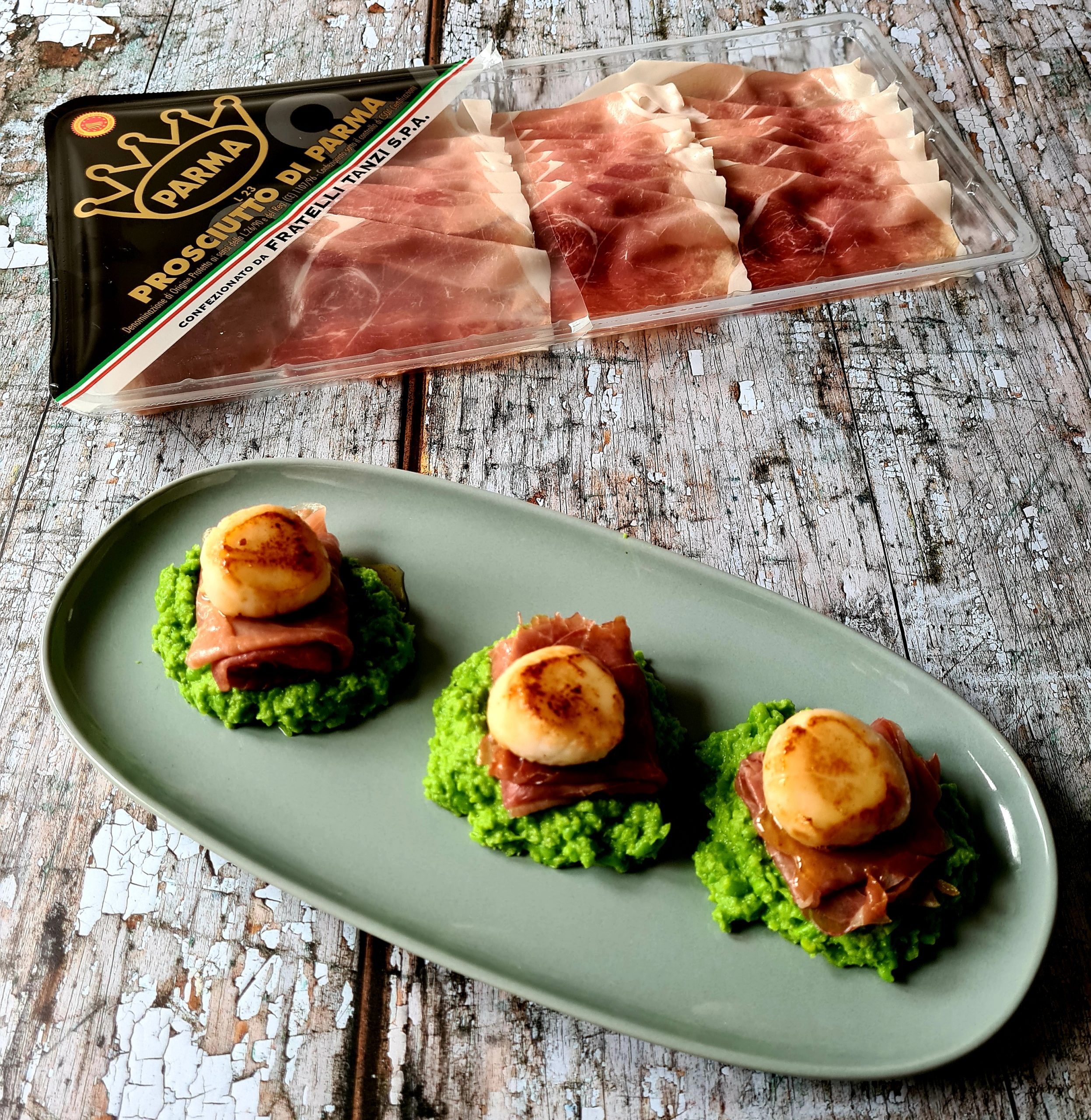 Parma Ham, Pea and Mint Puree and Caramelised Scallops At Dad's Table