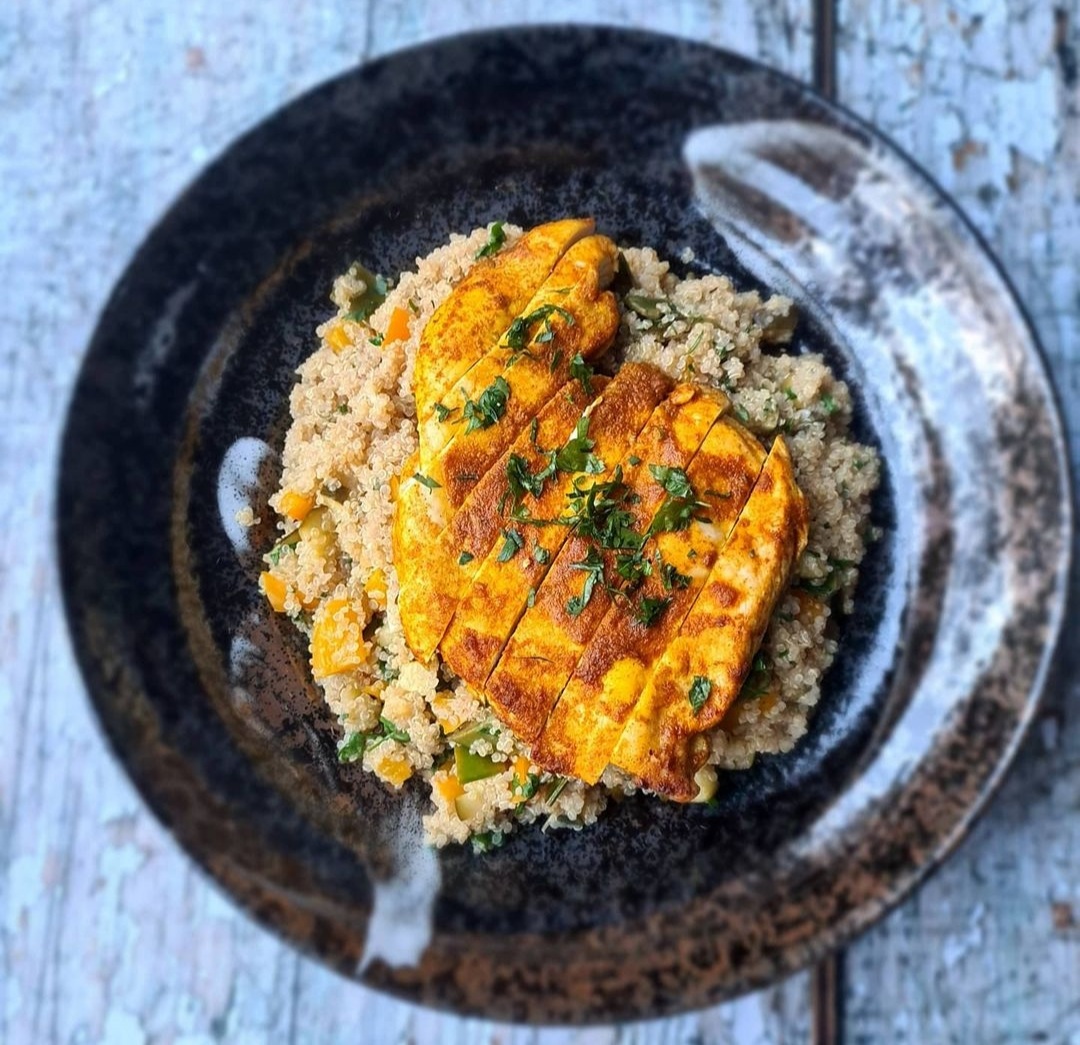 Spiced chicken, fried vegetables and cous cous - At Dad's Table
