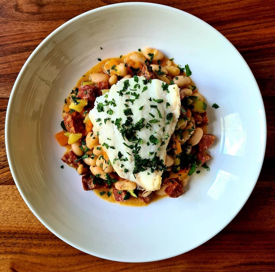 Roasted Haddock, Chorizo and Vegetables At Dad's Table